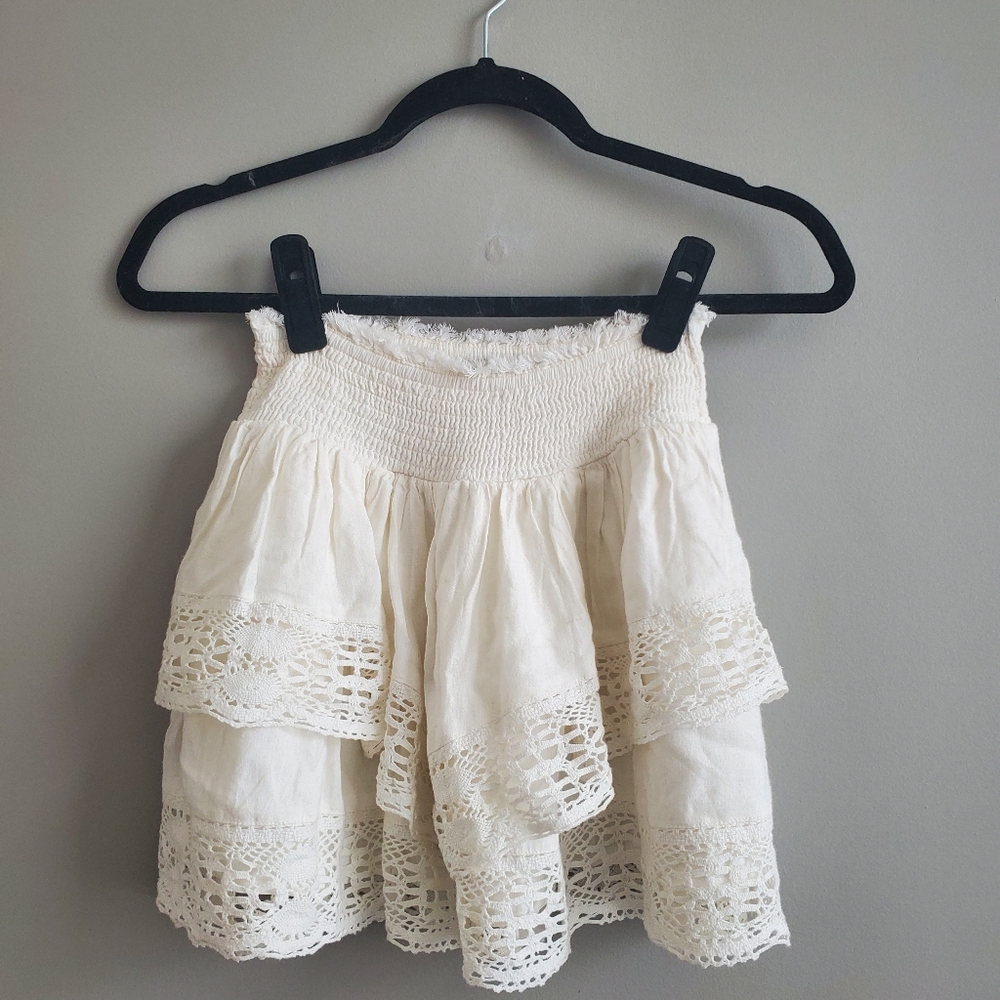 Urban Outfitters Linen Crochet Lace Tiered Elastic Mini Skirt In Cream Size S - Picture 4 of 6